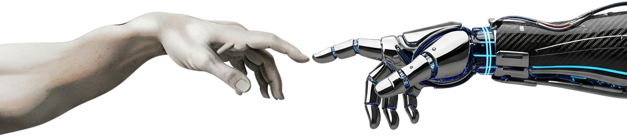 A classical human hand and a robotic hand meeting, signifying the bridge between humanity and technology.